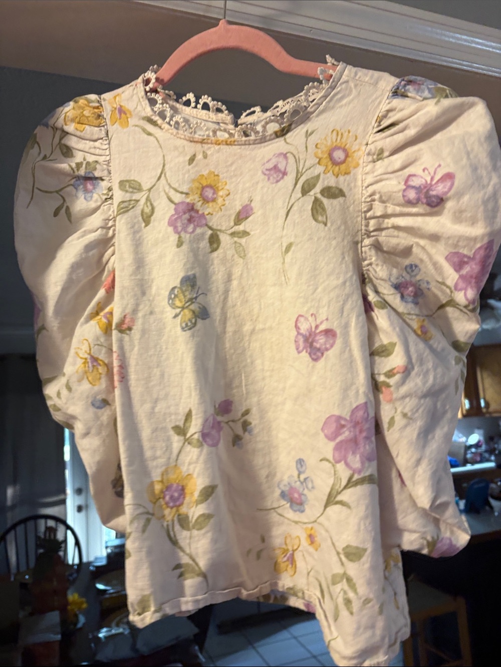 Laura Ashley Cream Floral Puff-Sleeve top with Pastel Butterflies small
